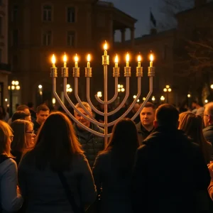 People celebrating the menorah lighting in Oklahoma City, representing community unity.