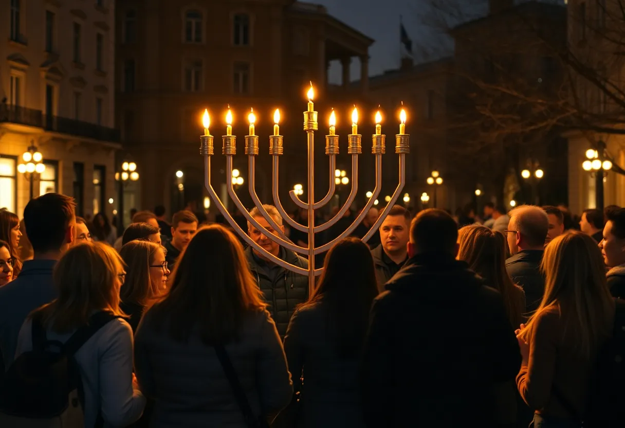 People celebrating the menorah lighting in Oklahoma City, representing community unity.