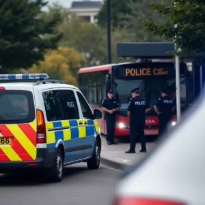 Police vehicle at a bus station in Oklahoma City after an incident.