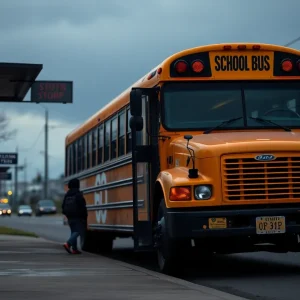 A school bus at a bus stop in Oklahoma City, emphasizing safety for children.