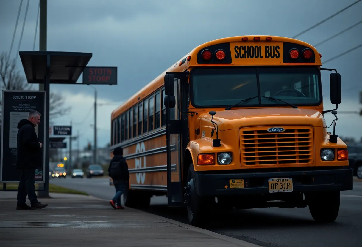 A school bus at a bus stop in Oklahoma City, emphasizing safety for children.