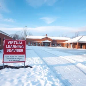 School building with snow indicating virtual learning
