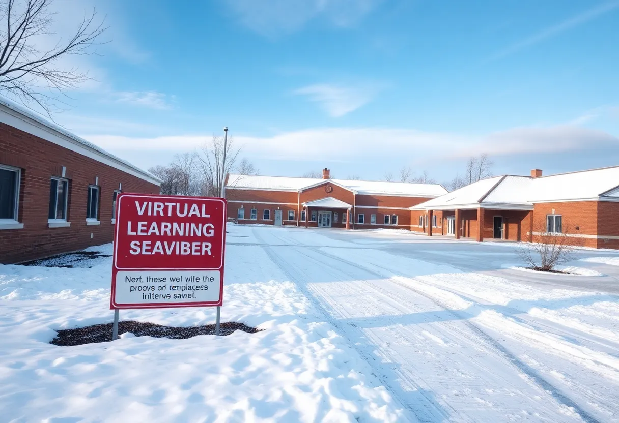 School building with snow indicating virtual learning