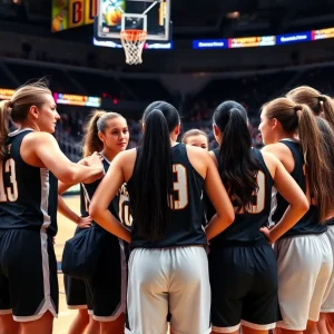 Female basketball players strategizing during a team huddle