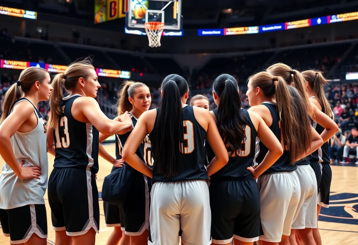 Female basketball players strategizing during a team huddle