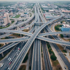 Aerial view of Oklahoma City showcasing the transportation infrastructure