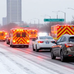Icy roads in Oklahoma City during winter weather with traffic and emergency response.