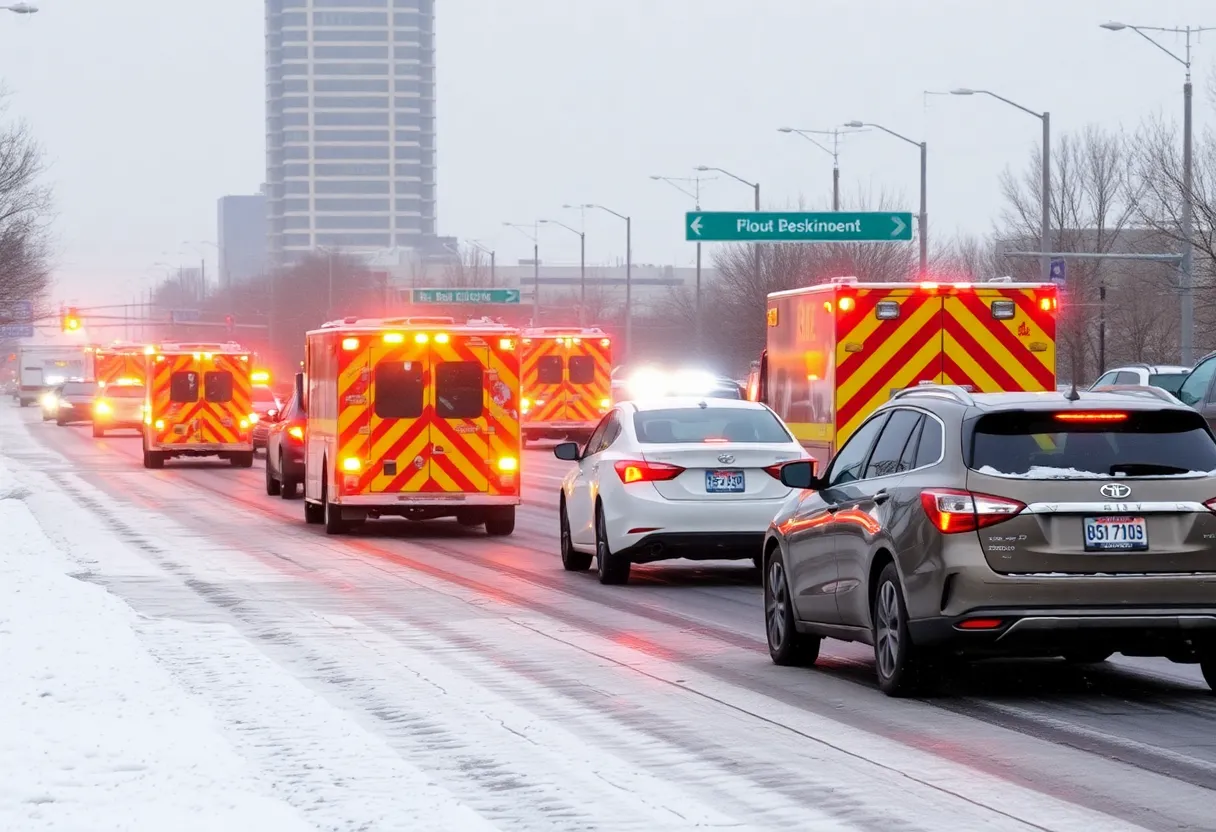 Icy roads in Oklahoma City during winter weather with traffic and emergency response.