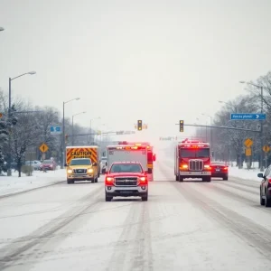 Snow-covered road in Oklahoma City with emergency vehicles.