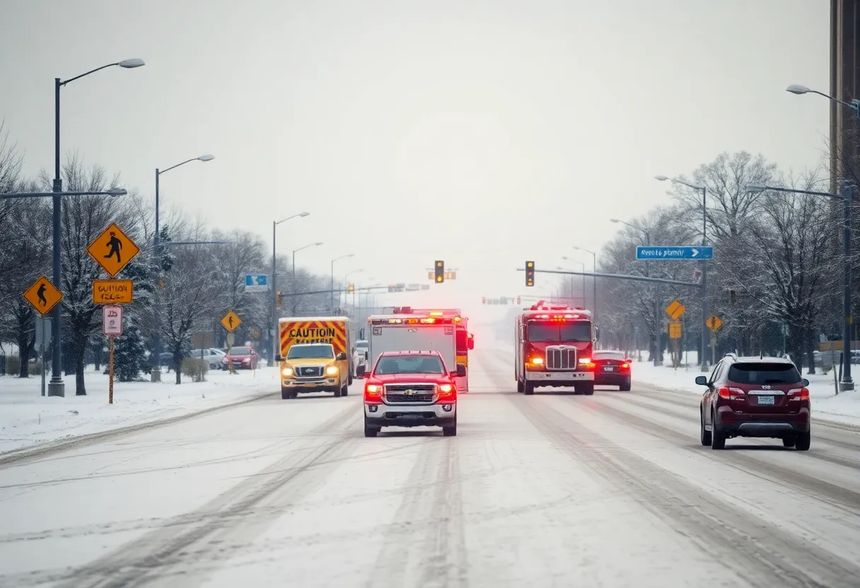 Snow-covered road in Oklahoma City with emergency vehicles.
