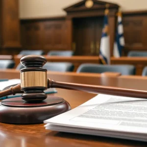 Courtroom with gavel and legal documents representing educational legal decisions.