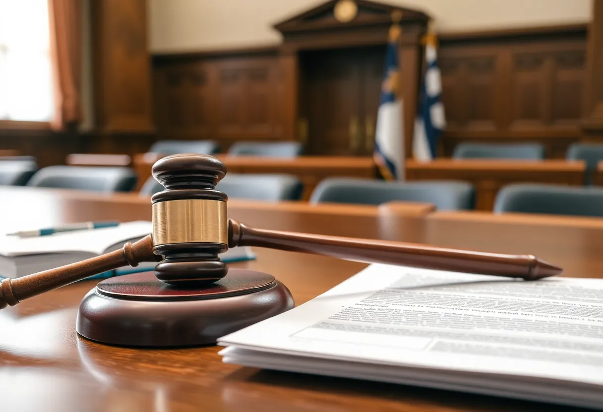 Courtroom with gavel and legal documents representing educational legal decisions.