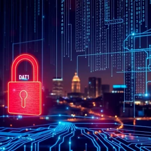 Illustration representing data security and Oklahoma's skyline