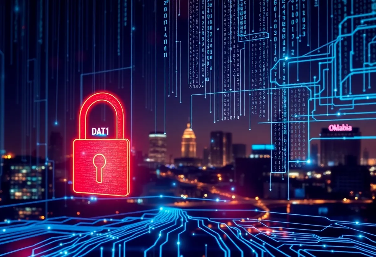Illustration representing data security and Oklahoma's skyline