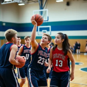 High school basketball players in action on the court