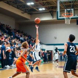 High school basketball players competing during a game