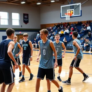 High school basketball players practicing on a court