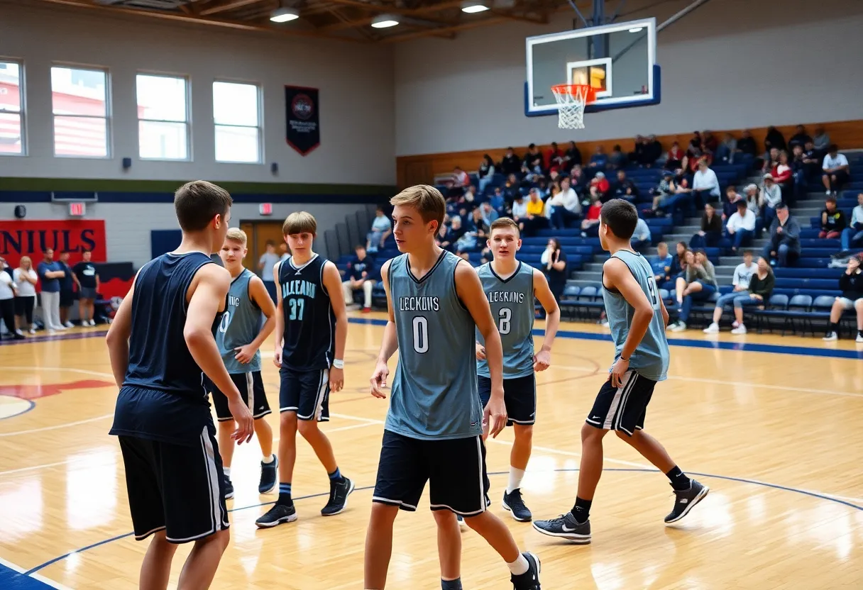 High school basketball players practicing on a court