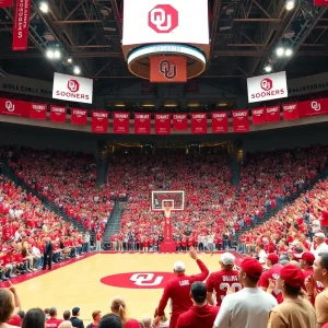 Fans supporting the Oklahoma Sooners basketball team at Lloyd Noble Center.