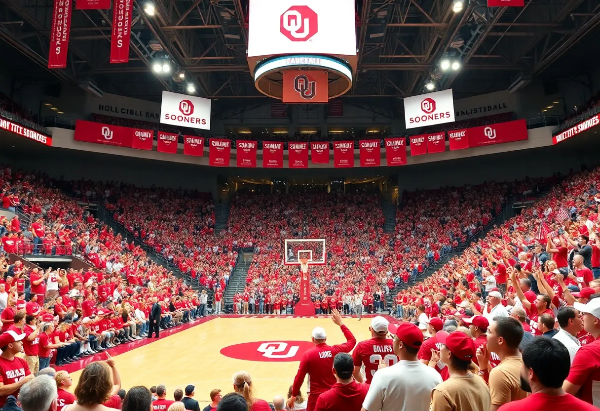 Fans supporting the Oklahoma Sooners basketball team at Lloyd Noble Center.