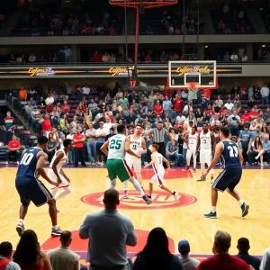 Action shot of a basketball game between the Oklahoma Sooners and Arizona State Sun Devils