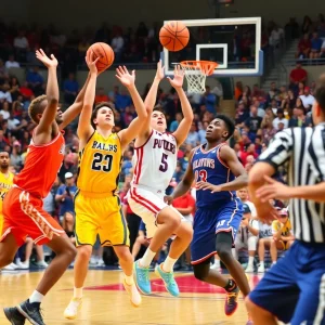 Oklahoma Sooners players celebrating victory against Oklahoma State Cowboys in college basketball.