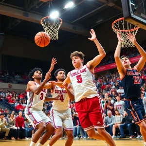 Oklahoma State basketball players in action during a game