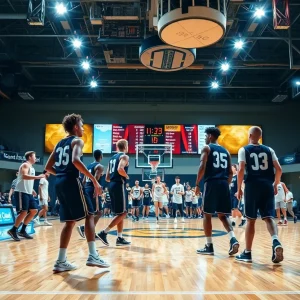 Action shot of a women's college basketball game.