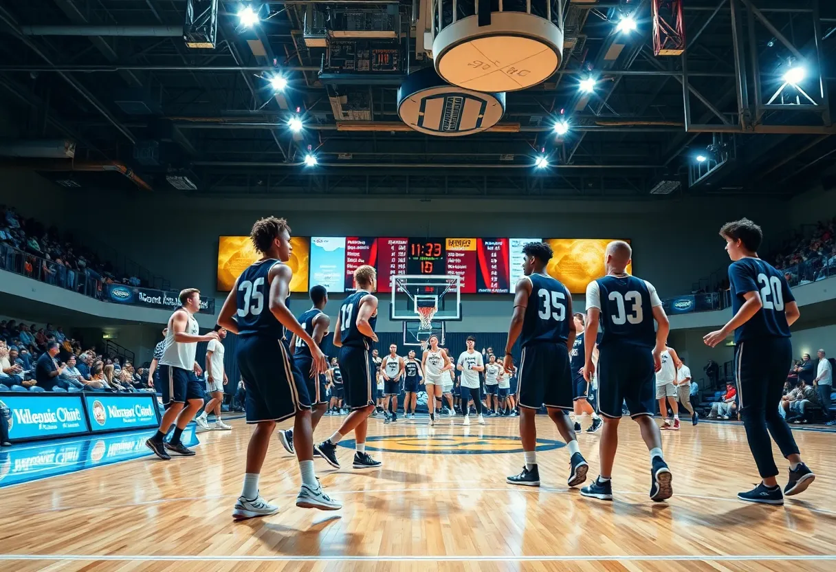 Action shot of a women's college basketball game.
