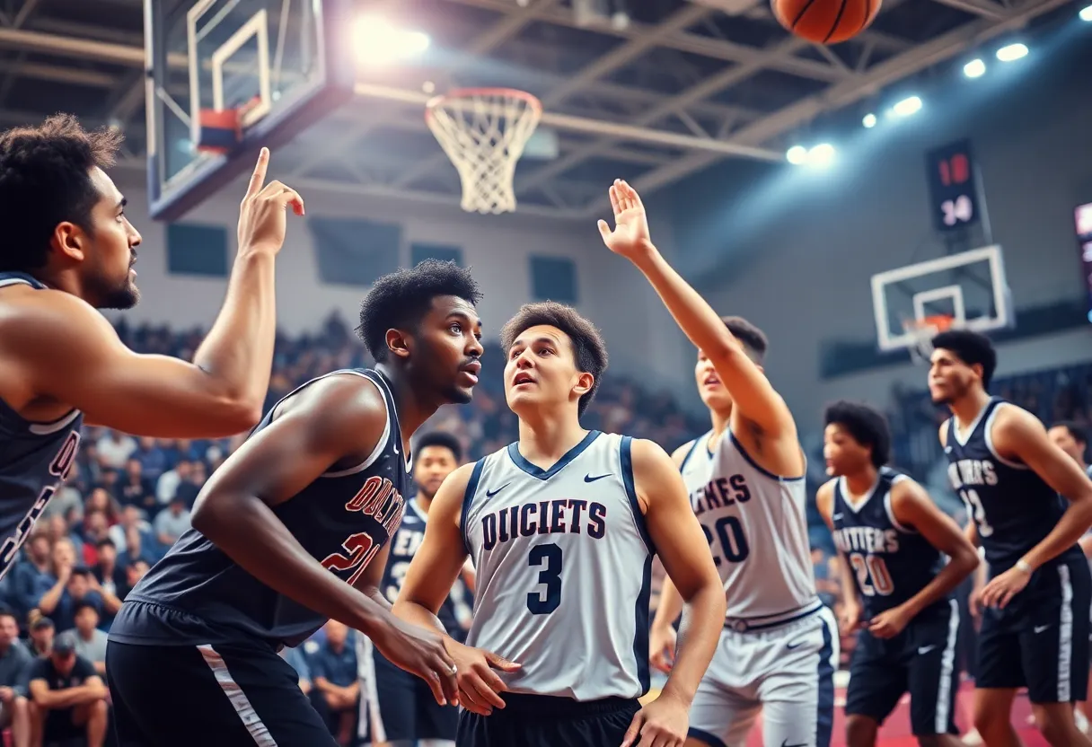 Oklahoma State basketball team celebrating a victory on the court