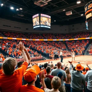 Fans supporting the Oklahoma State Cowboys at a basketball game