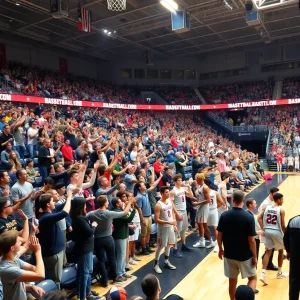 Crowd cheering at a college basketball game in Gallagher-Iba Arena