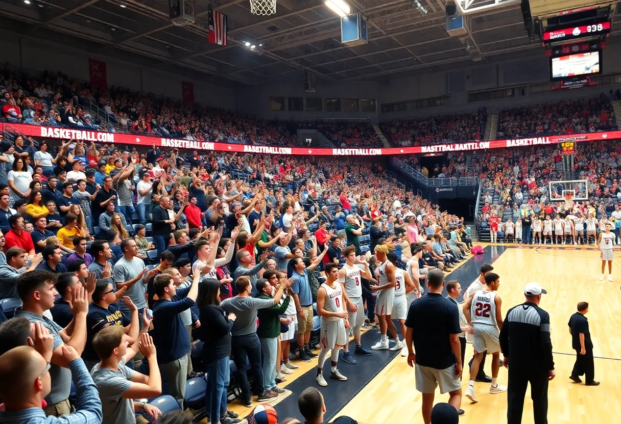 Crowd cheering at a college basketball game in Gallagher-Iba Arena