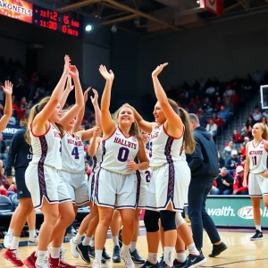 Oklahoma State Cowgirls celebrating their victory on the basketball court.