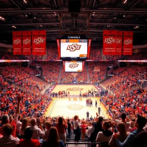 Fans cheering for the Oklahoma State Cowgirls during the game
