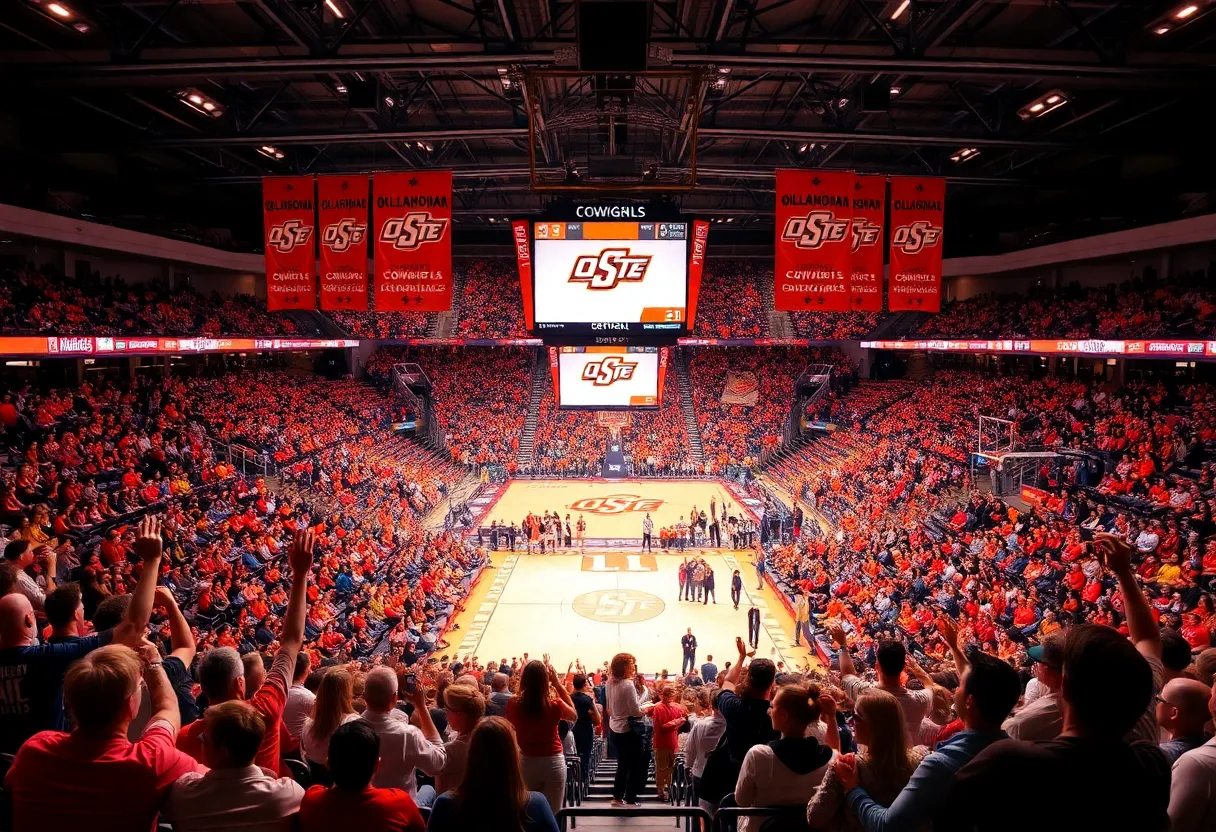 Fans cheering for the Oklahoma State Cowgirls during the game