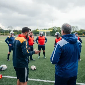 Oklahoma State team discussing strategies on the football field