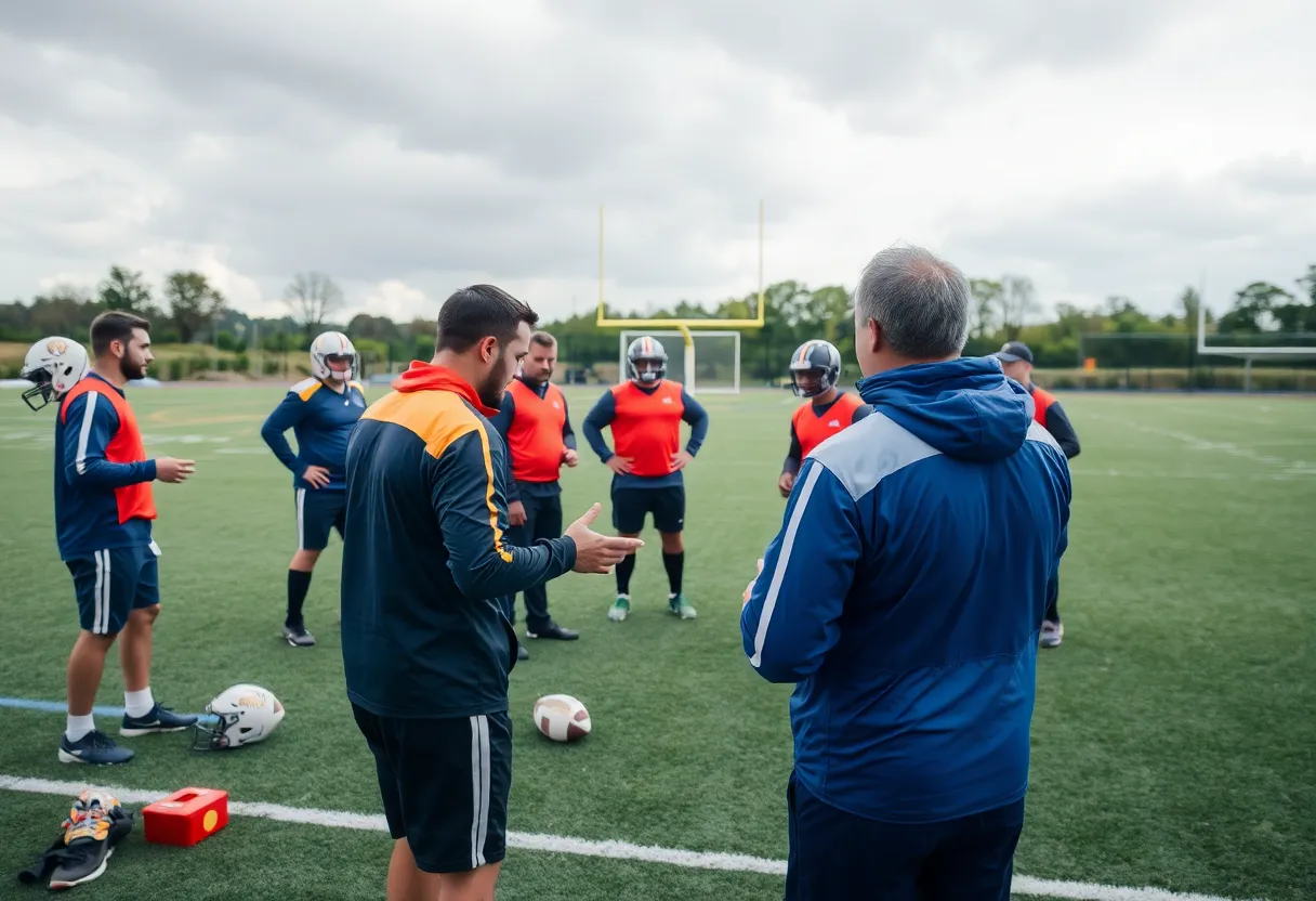 Oklahoma State team discussing strategies on the football field