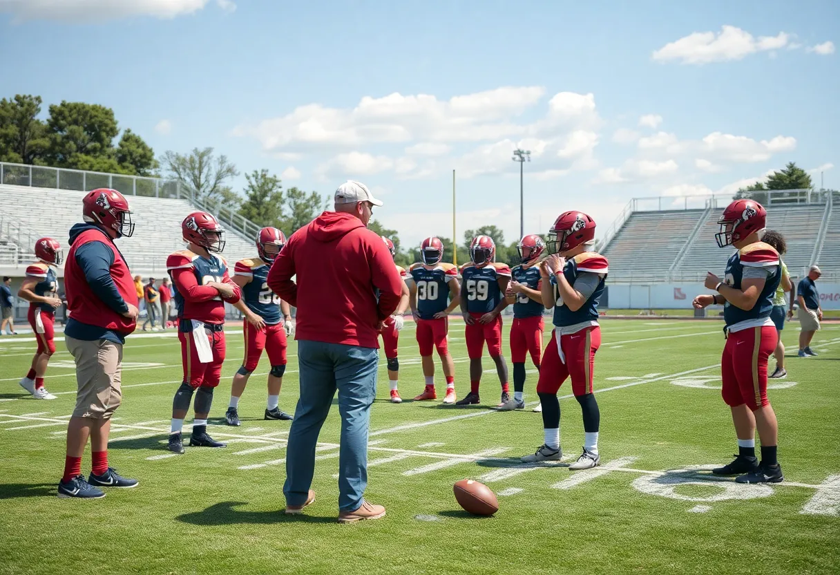 Coaches strategizing with players on a football field