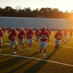 Oklahoma State football team practicing on field
