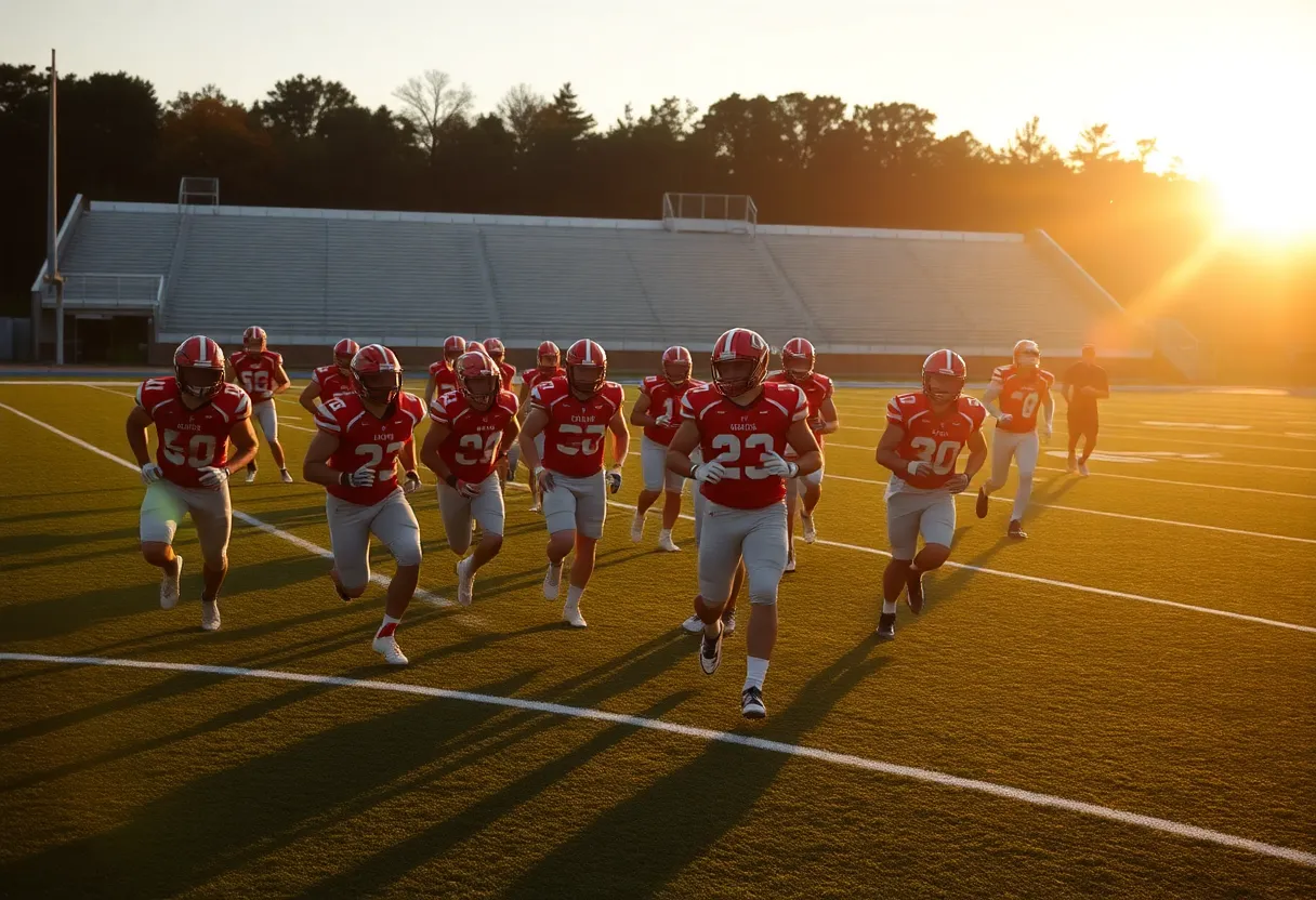 Oklahoma State football team practicing on field