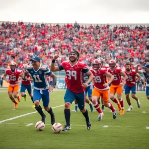 Oklahoma State University football team in action on the field.