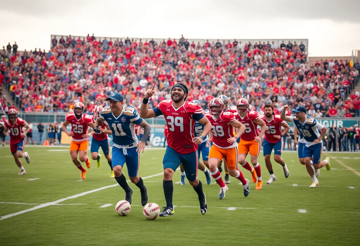 Oklahoma State University football team in action on the field.