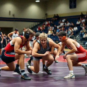 Oklahoma State wrestling team competing on the mat against West Virginia