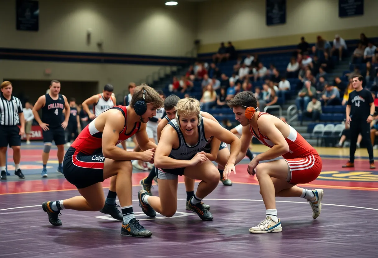 Oklahoma State wrestling team competing on the mat against West Virginia