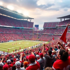 Scene from the Oklahoma Sooners vs Alabama Crimson Tide college football game, with enthusiastic fans and team colors.