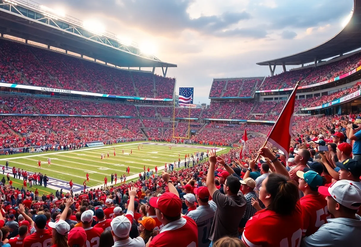 Scene from the Oklahoma Sooners vs Alabama Crimson Tide college football game, with enthusiastic fans and team colors.