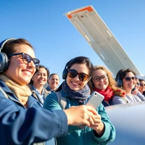 A group of diverse women participating in aviation activities at the Oklahoma Women in Aviation event.