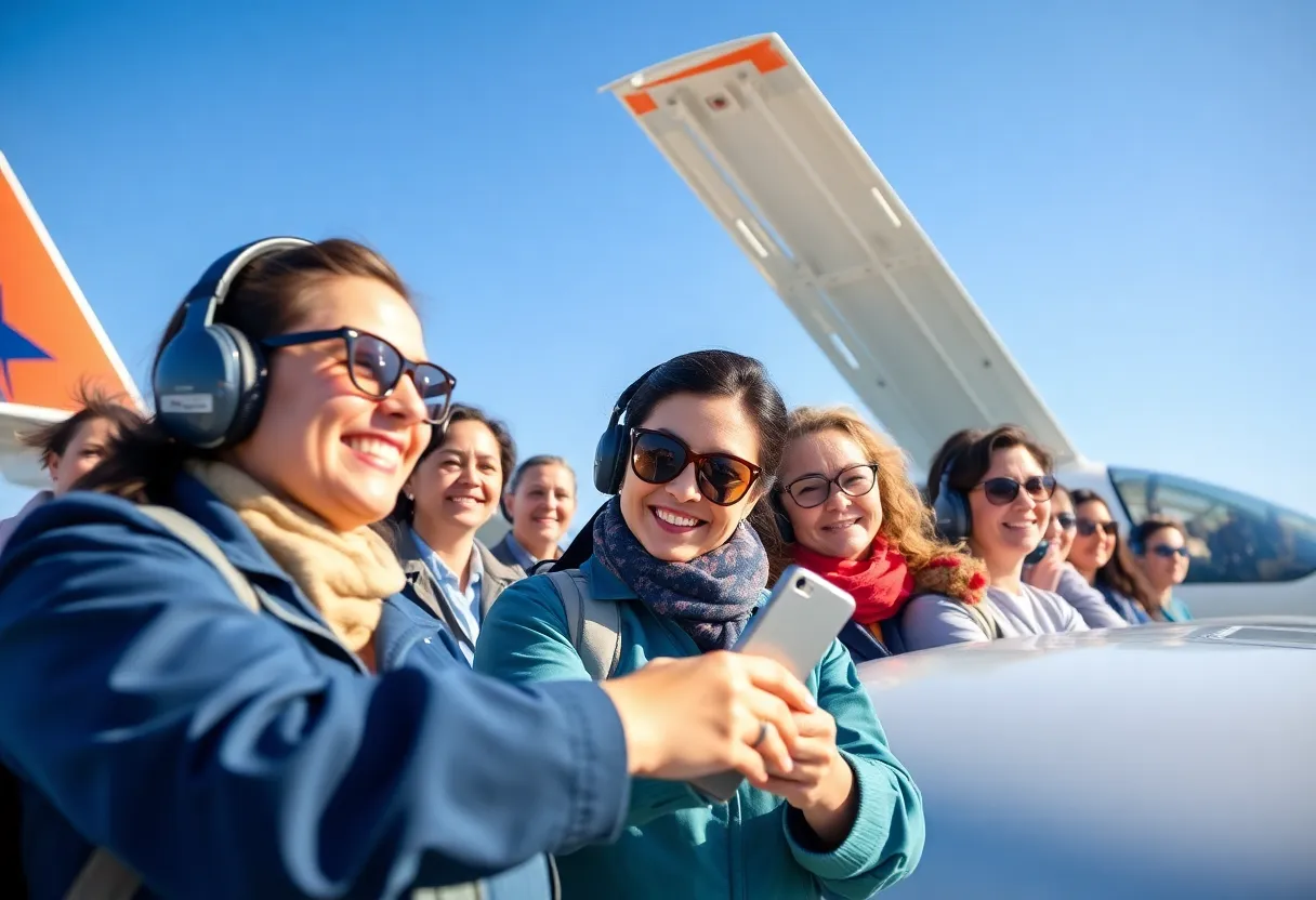 A group of diverse women participating in aviation activities at the Oklahoma Women in Aviation event.