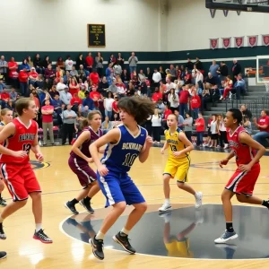 Basketball players from Oologah and Catoosa competing on the court.